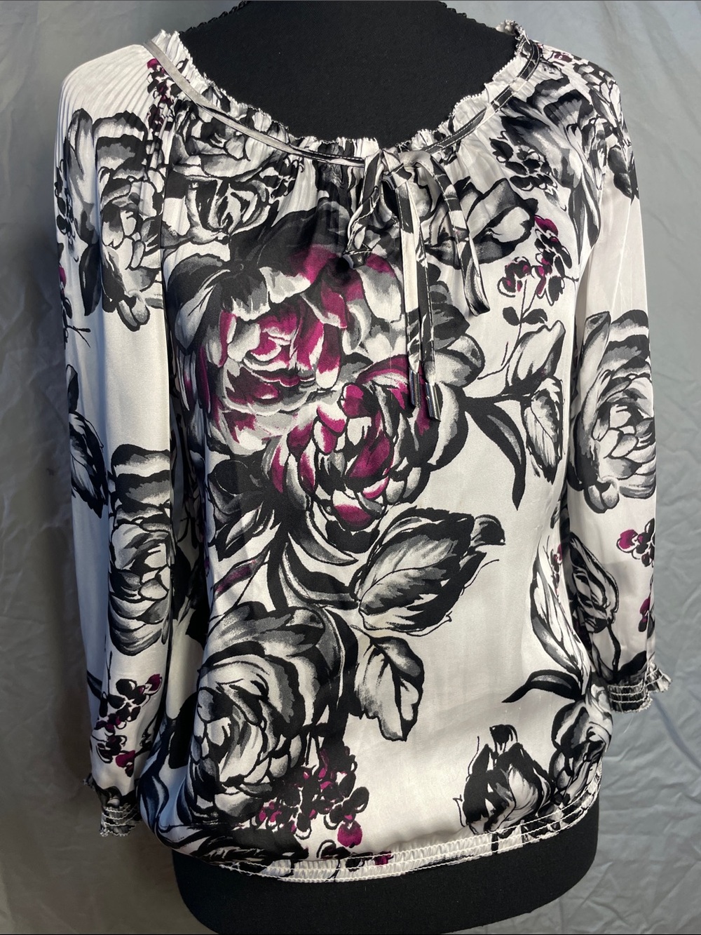 White House Black Market White Blouse with Black Floral and Pink Accents